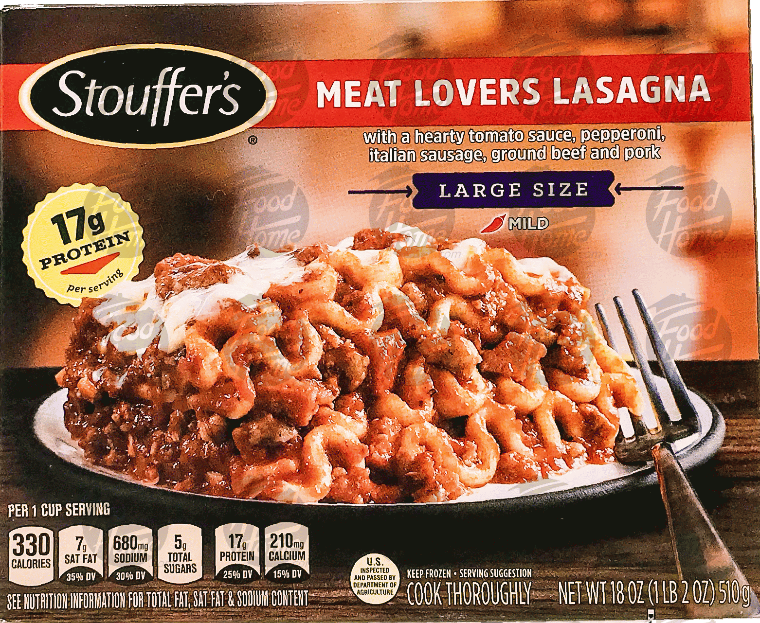 Stouffer's Satisfying Servings meat lovers lasagna; w/ a hearty tomato sauce, pepperoni, italian sausage, ground beef and pork Full-Size Picture